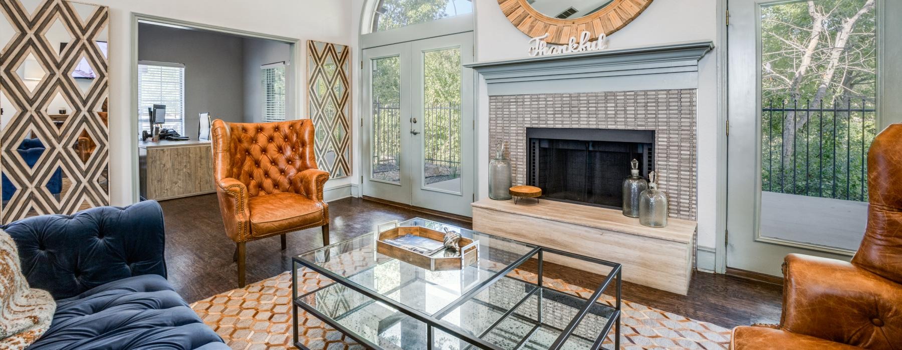 a living room with a fireplace
